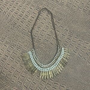 Boho Statement Feather Necklace Brass Charms Rhinestone Bib Necklace